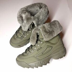 Fila Women’s Disruptor Shearling Mid Calf Lace Up Olive Green Boots Size- 6.5